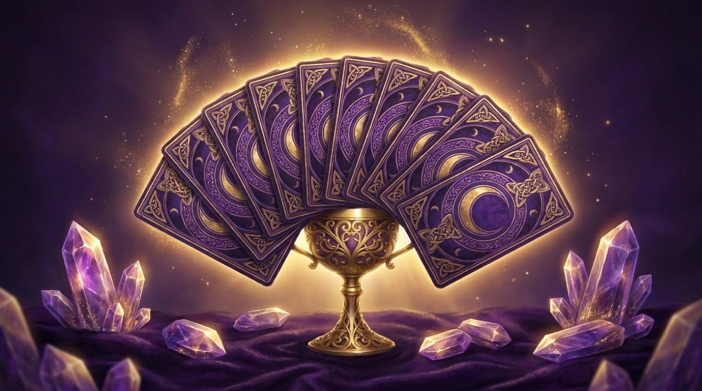 Aufgefächertes Tarotdeck mit violett-goldenen Kartenrücken auf dunklem Samt