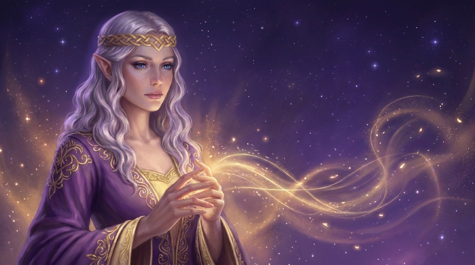 Luna, die Elfe des Orakels, mit silber-lavendelfarbenem Haar und goldenem Diadem vor einem Sternenhimmel