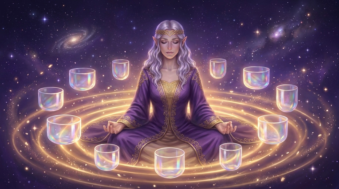 Luna in Meditation, umgeben von goldenen Klangringen und Kristallschalen